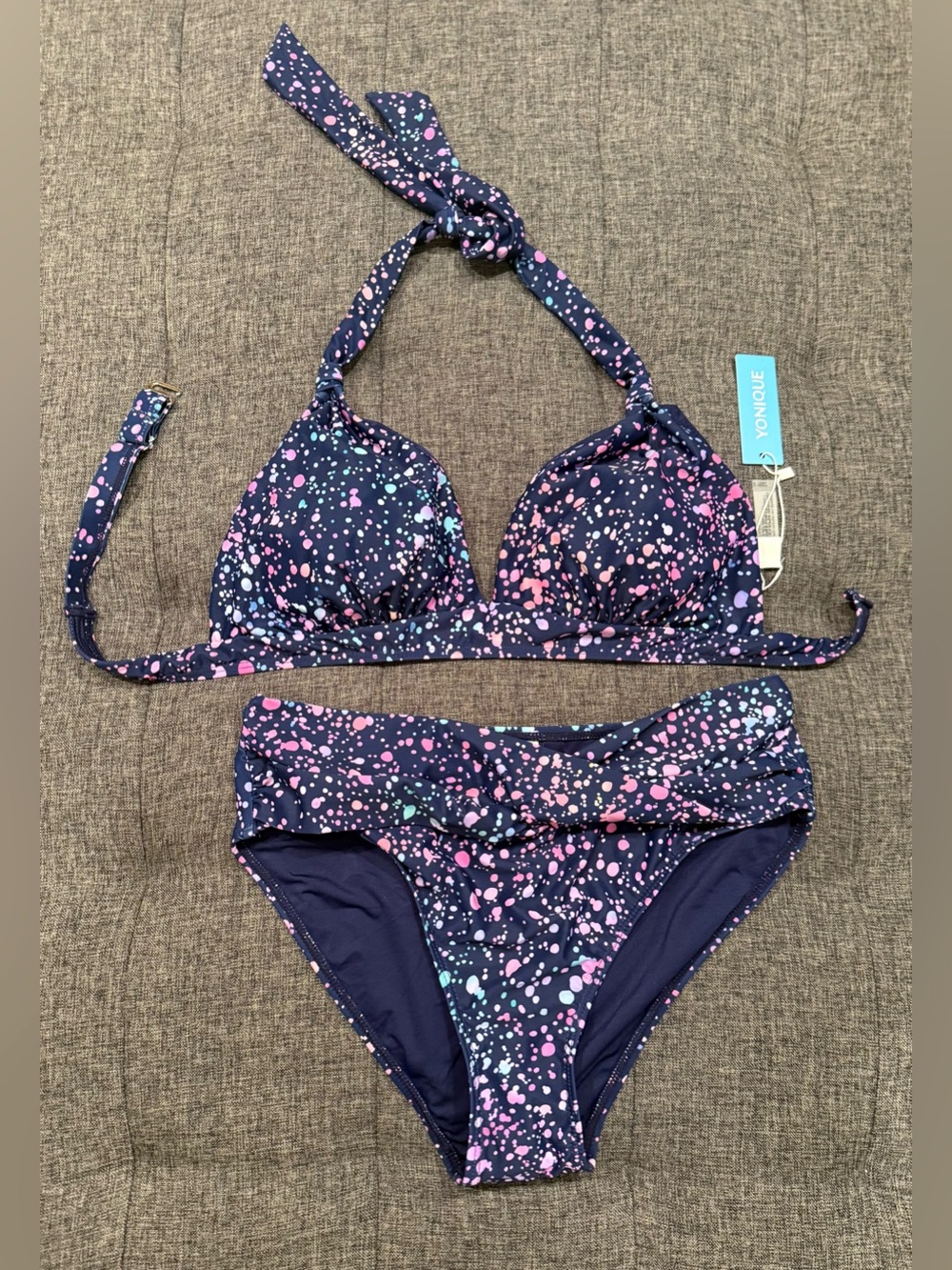 NWT Navy Splatter Halter Bikini Set - Pink & Teal Speckle
